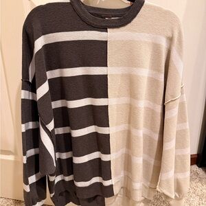 Free People Black and Cream Striped Crewneck Sweater